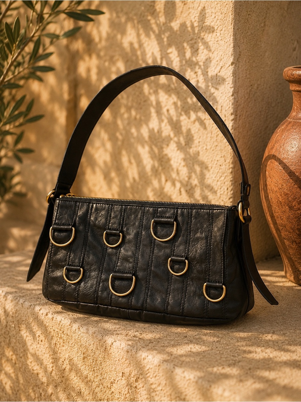 Francesco Masia | Black Leather Shoulder Bag | Gold D-Ring Detail | Like New